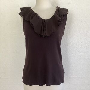 Chocolate Brown Cotton Knit Ruffle Vneck Sleeveless Lauren Ralph Lauren Top L